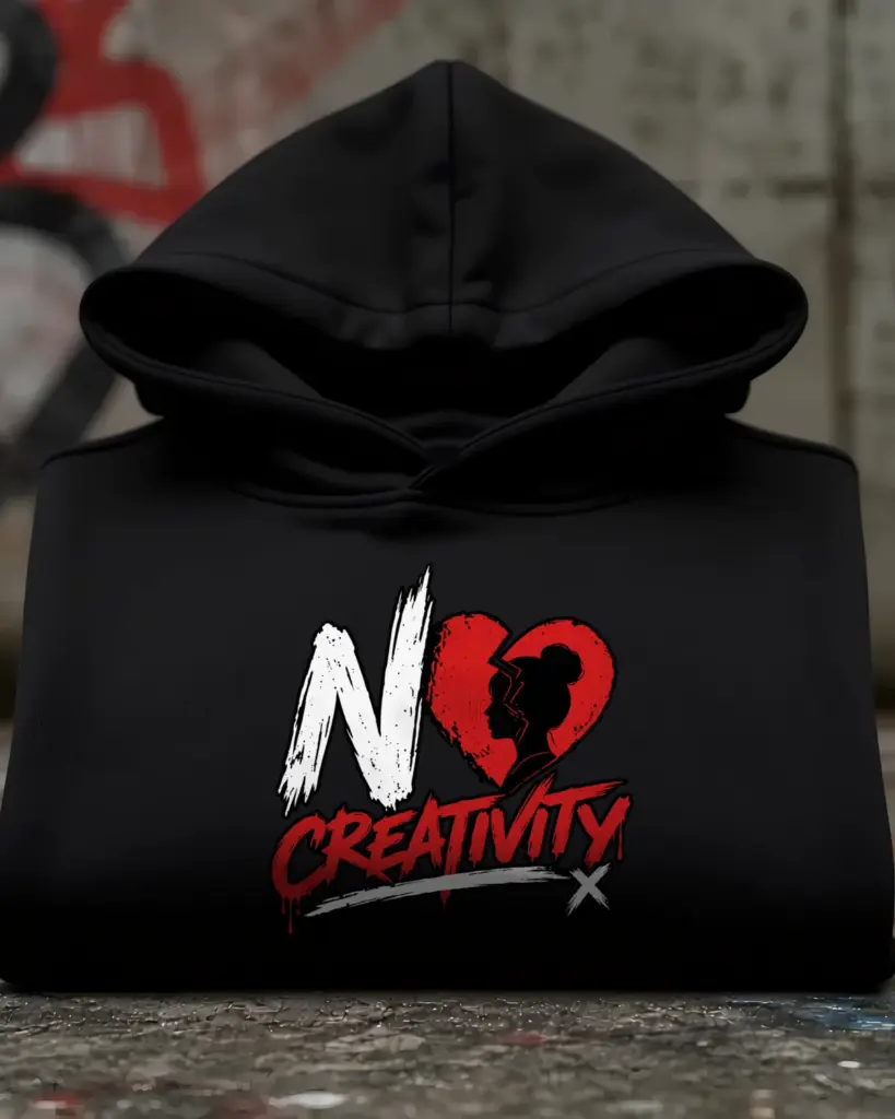 Concept mockup: black heavyweight hoodie with NO CREATIVITY logo on the chest
