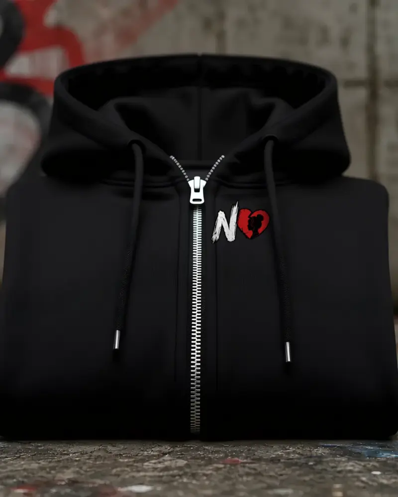 Concept mockup: black zip hoodie with N and broken heart mark on the left chest