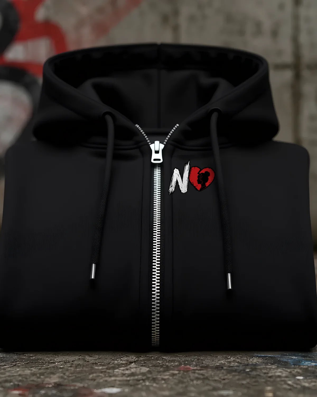 Concept mockup: black zip hoodie with N and broken heart mark on the left chest