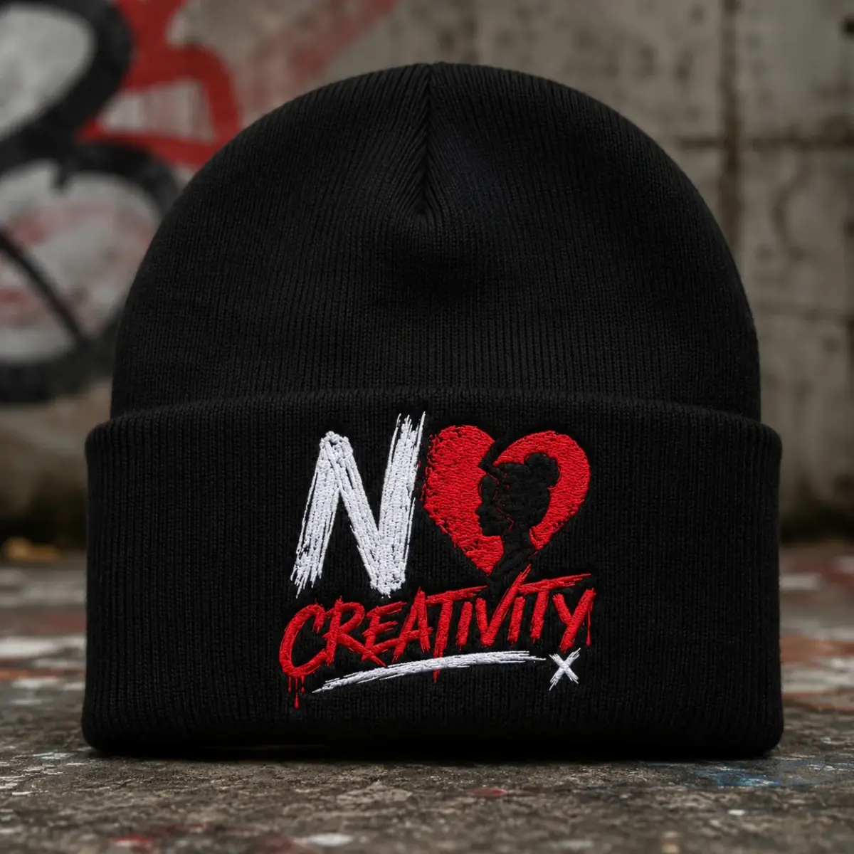 Black cuffed beanie with embroidered NO CREATIVITY logo