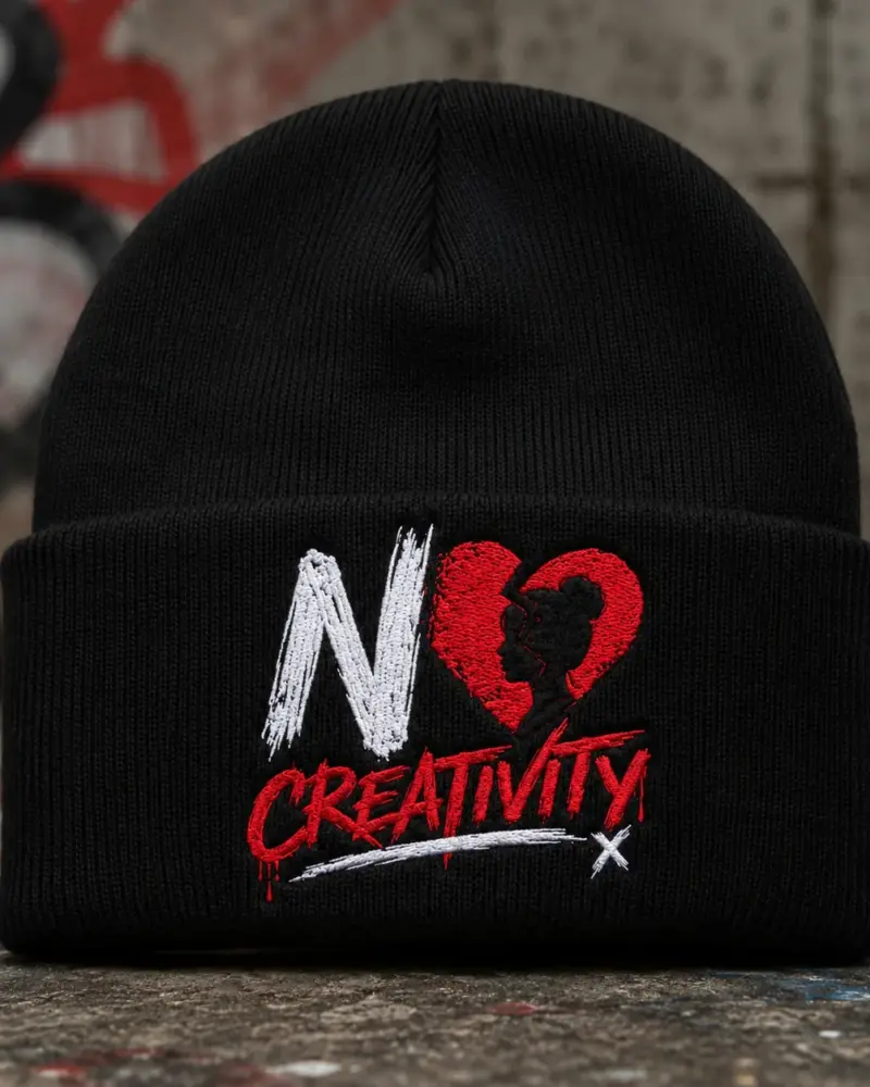 Black cuffed beanie with embroidered NO CREATIVITY logo