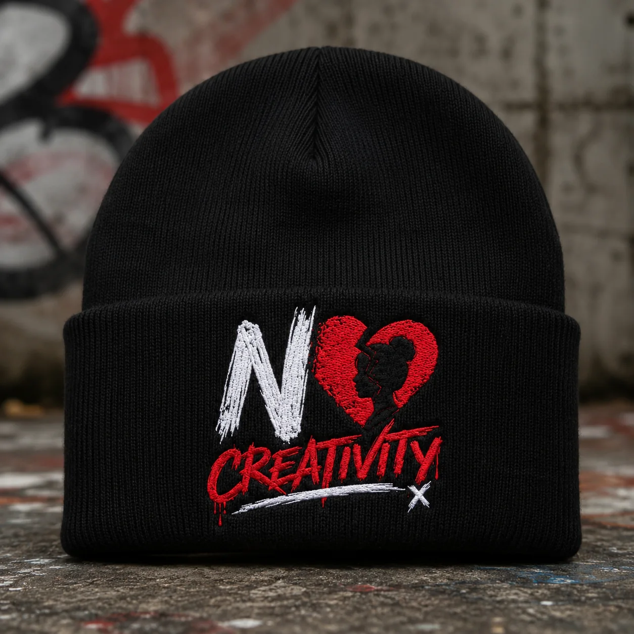 Black cuffed beanie with embroidered NO CREATIVITY logo